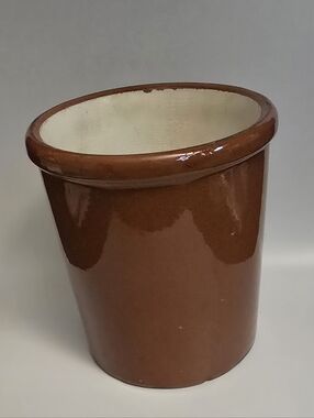 Vintage Brown Stoneware Utensil Crock - Brown and White